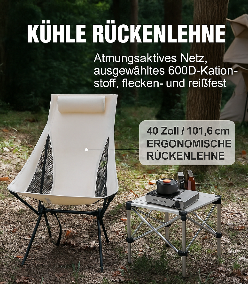 TrailEase ProChair – Faltbarer Premium-Campingstuhl mit Kopfstütze & Alurahmen | Ultraleicht & bequem für Outdoor, Angeln & Reisen