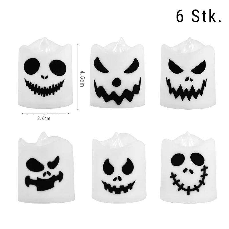 Halloween LED-Kerzen 6 Stück – Leuchtende Kürbis- & Geist-Deko für Zuhause, Bar & Party | Flackernde Lichter für Spukhaus & Horror-Dekoration