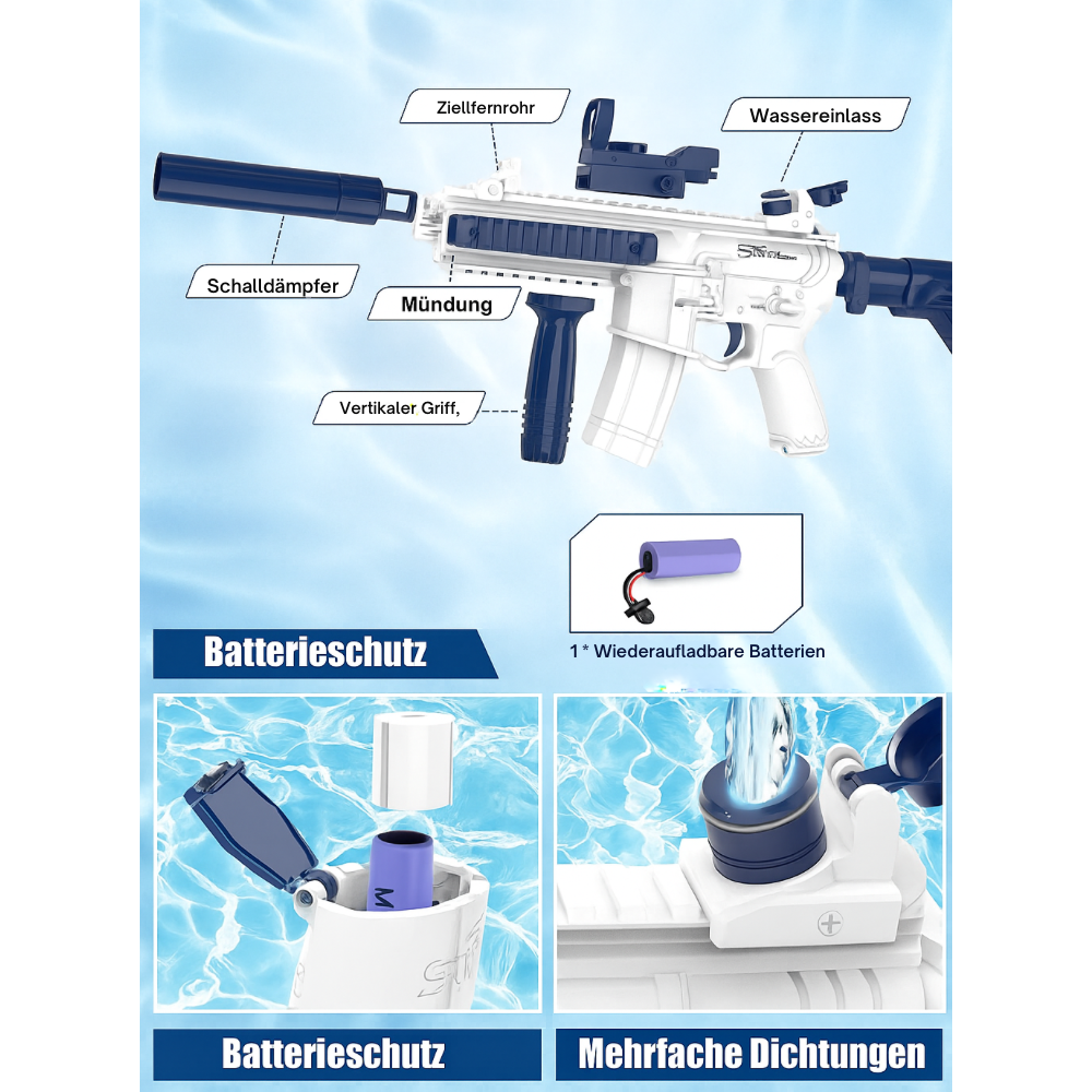 HydroBlaster M4 – Elektrische Wasserpistole mit Akku & Tank | Power-Wasserschlacht für Kinder & Erwachsene
