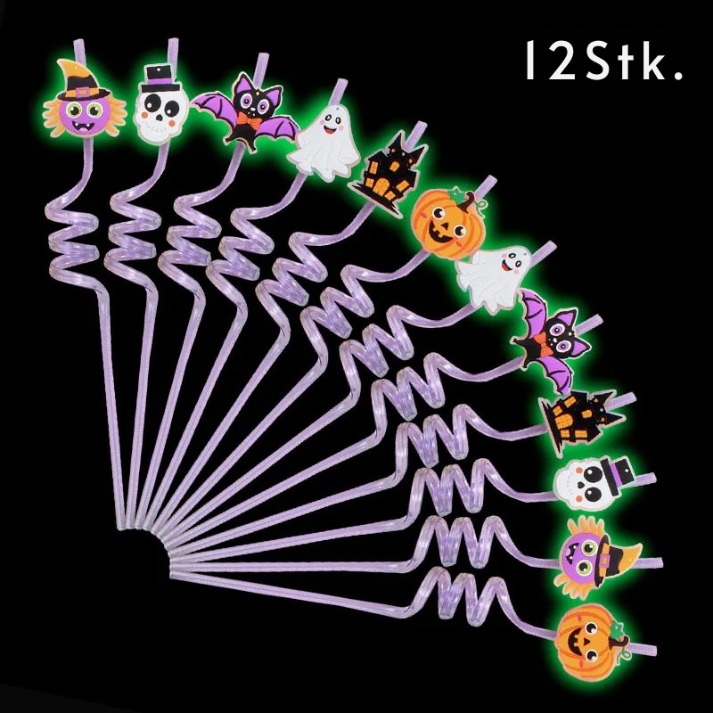 Leuchtende Halloween-Strohhalme – 12 Stück wiederverwendbare Glow-Strohhalme mit Fledermäusen, Kürbissen & Skeletten | Partyzubehör & Deko