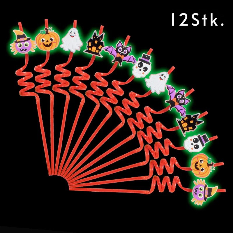 Leuchtende Halloween-Strohhalme – 12 Stück wiederverwendbare Glow-Strohhalme mit Fledermäusen, Kürbissen & Skeletten | Partyzubehör & Deko