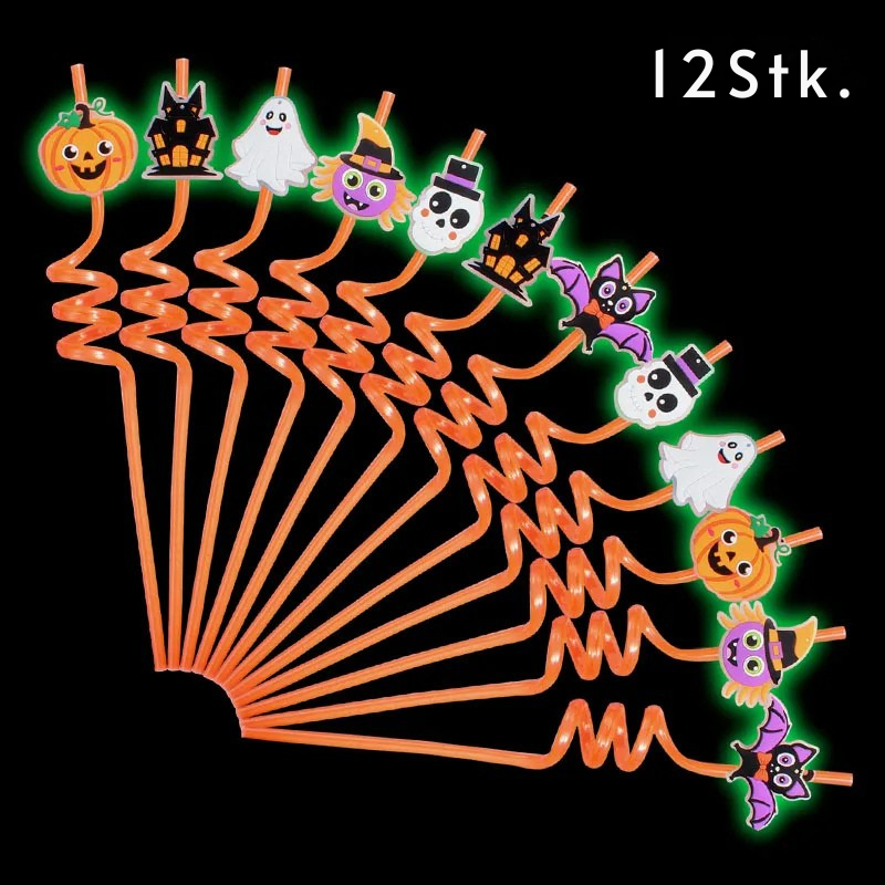 Leuchtende Halloween-Strohhalme – 12 Stück wiederverwendbare Glow-Strohhalme mit Fledermäusen, Kürbissen & Skeletten | Partyzubehör & Deko