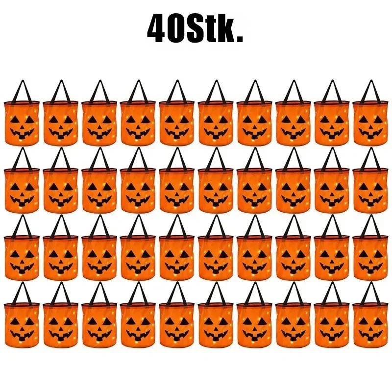 Halloween LED-Kürbis-Eimer – 1–40 Stück leuchtende Süßigkeitseimer & Trick-or-Treat Taschen | Faltbare Candy-Buckets für Kinder & Partydeko