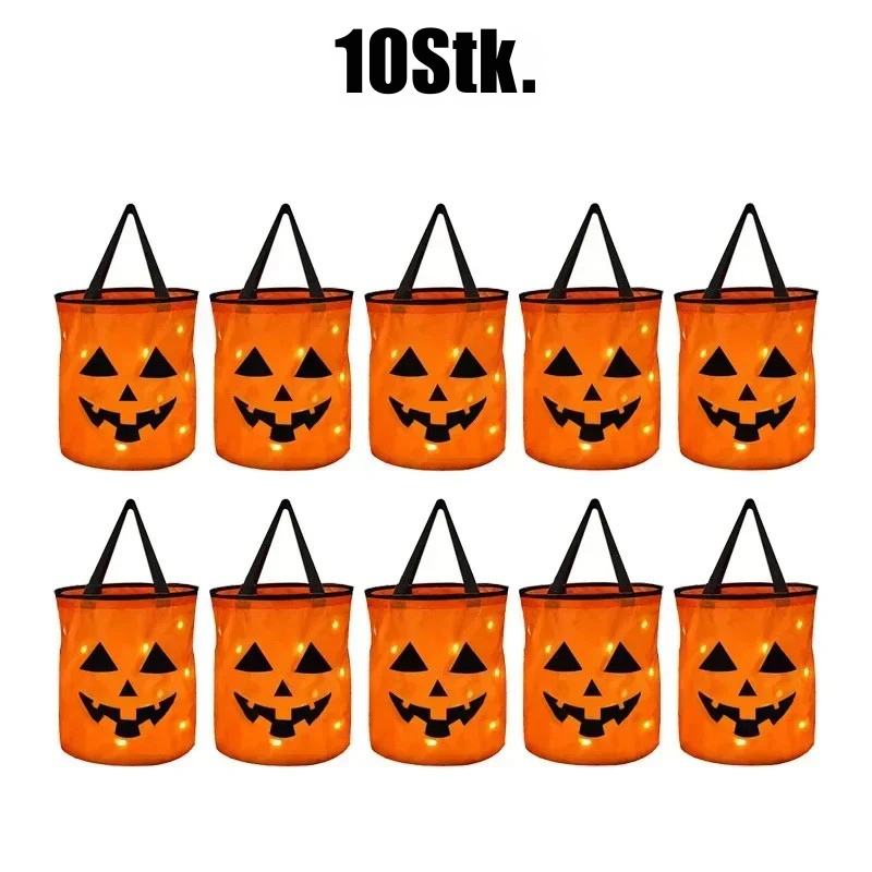 Halloween LED-Kürbis-Eimer – 1–40 Stück leuchtende Süßigkeitseimer & Trick-or-Treat Taschen | Faltbare Candy-Buckets für Kinder & Partydeko