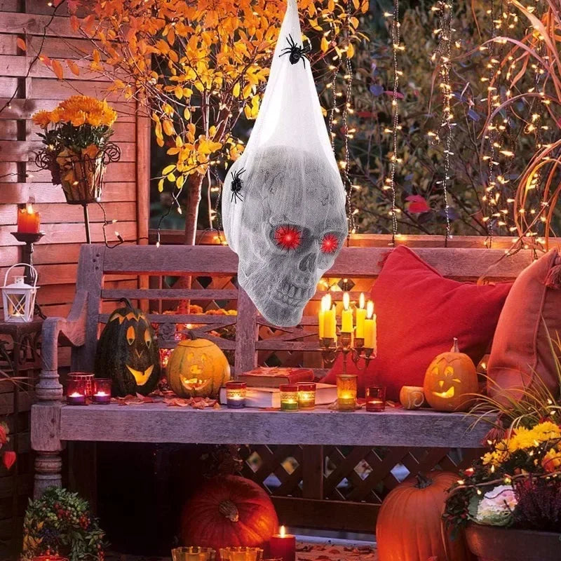 LED-Spinne mit Soundsteuerung & Spukeffekt – Gruselige Halloween-Dekoration mit Schädel & Baumwollnetz – Außen & Innen Deko
