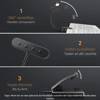 LED Buchlampe – USB Wiederaufladbare Clip-Leseleuchte mit Warm-/Kaltweiß Licht