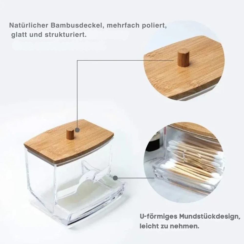 Premium Aufbewahrungsbox für Wattestäbchen & kleine Hygiene-Accessoires mit Bambusdeckel