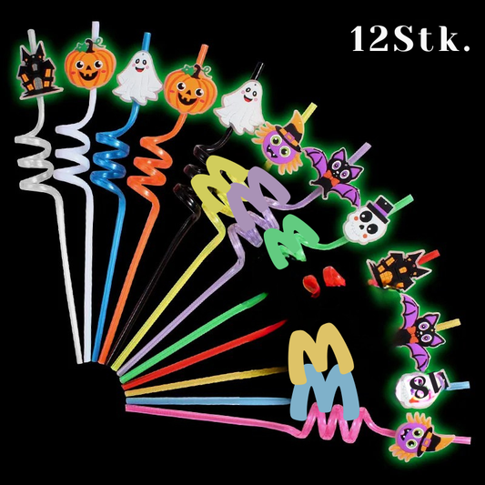 Leuchtende Halloween-Strohhalme – 12 Stück wiederverwendbare Glow-Strohhalme mit Fledermäusen, Kürbissen & Skeletten | Partyzubehör & Deko