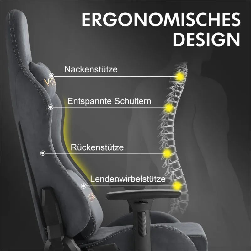 Vittanly Gaming Stuhl, Luxuriöser Wildlederimitat Gaming Chair Bürostuhl, Ergonomischer Schreibtischstuhl mit Fußstütze Kopfstütze und Lendenkissen, 3D Armlehnen, 90-155° Rückenlehne, Schwarz