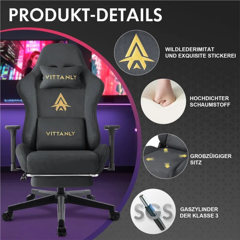 Vittanly Gaming Stuhl, Luxuriöser Wildlederimitat Gaming Chair Bürostuhl, Ergonomischer Schreibtischstuhl mit Fußstütze Kopfstütze und Lendenkissen, 3D Armlehnen, 90-155° Rückenlehne, Schwarz