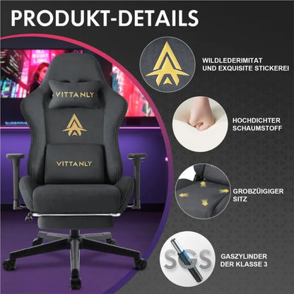 Vittanly Gaming Stuhl, Luxuriöser Wildlederimitat Gaming Chair Bürostuhl, Ergonomischer Schreibtischstuhl mit Fußstütze Kopfstütze und Lendenkissen, 3D Armlehnen, 90-155° Rückenlehne, Schwarz