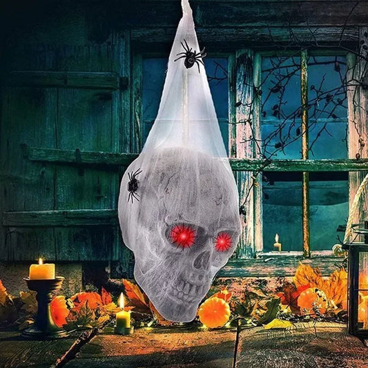 LED-Spinne mit Soundsteuerung & Spukeffekt – Gruselige Halloween-Dekoration mit Schädel & Baumwollnetz – Außen & Innen Deko