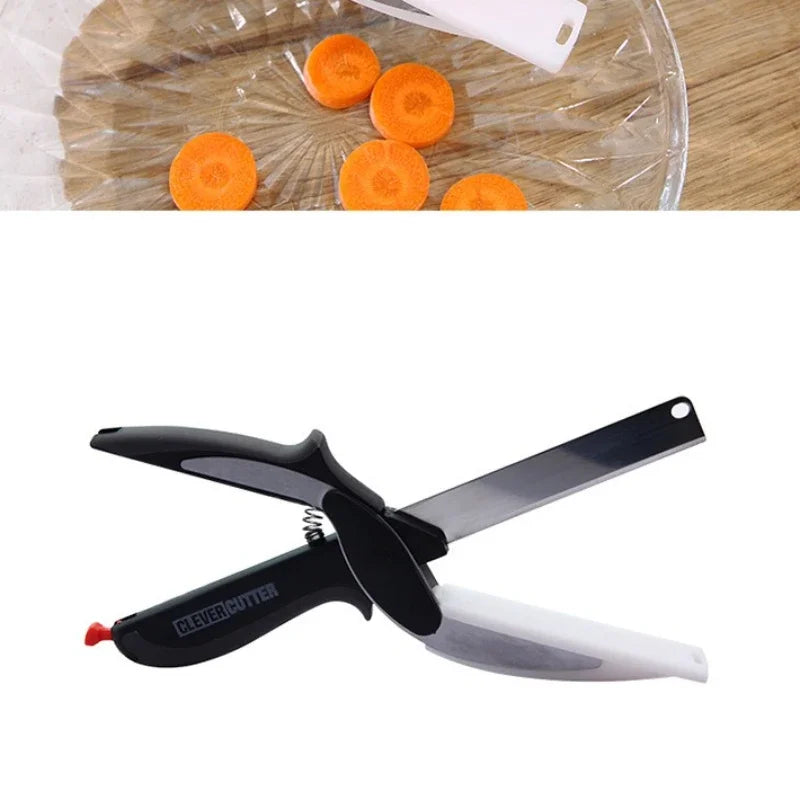 2-in-1 Gemüse-Schneidebrett mit Feder-Schere – Intelligentes Küchenwerkzeug für Obst & Gemüse | Kombi-Schneidehilfe für Küche