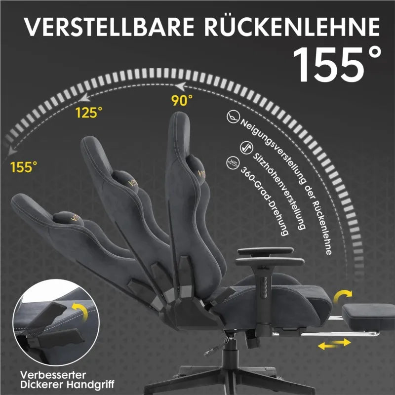 Vittanly Gaming Stuhl, Luxuriöser Wildlederimitat Gaming Chair Bürostuhl, Ergonomischer Schreibtischstuhl mit Fußstütze Kopfstütze und Lendenkissen, 3D Armlehnen, 90-155° Rückenlehne, Schwarz