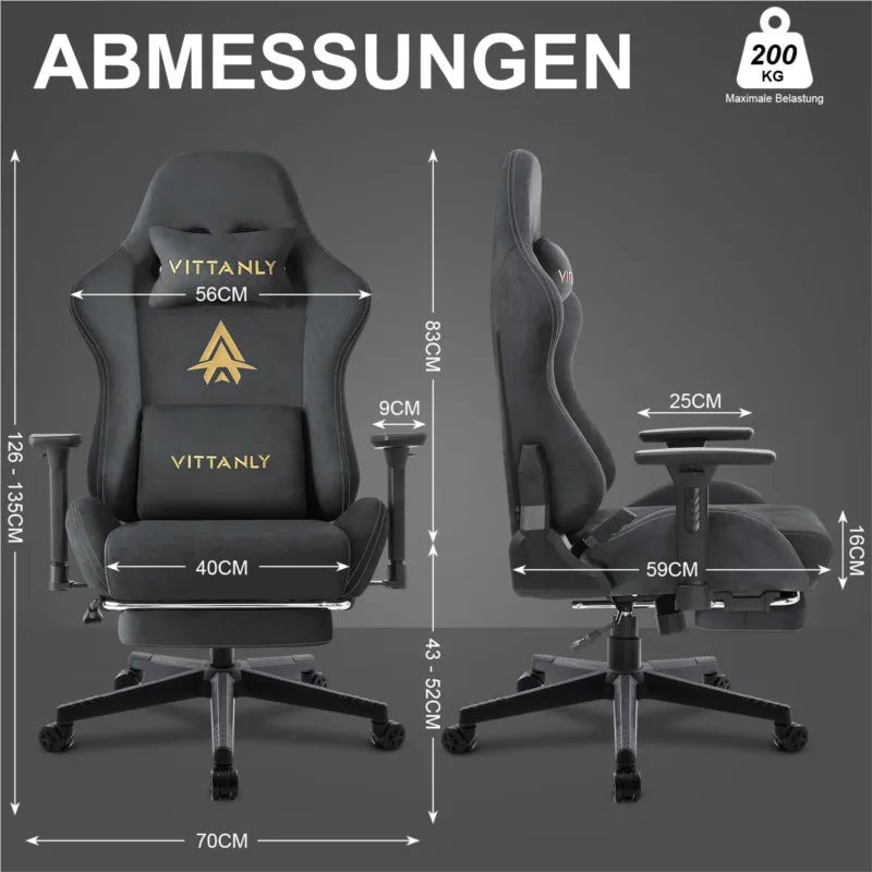 Vittanly Gaming Stuhl, Luxuriöser Wildlederimitat Gaming Chair Bürostuhl, Ergonomischer Schreibtischstuhl mit Fußstütze Kopfstütze und Lendenkissen, 3D Armlehnen, 90-155° Rückenlehne, Schwarz