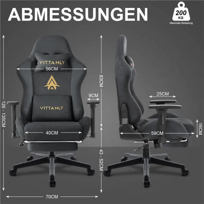 Vittanly Gaming Stuhl, Luxuriöser Wildlederimitat Gaming Chair Bürostuhl, Ergonomischer Schreibtischstuhl mit Fußstütze Kopfstütze und Lendenkissen, 3D Armlehnen, 90-155° Rückenlehne, Schwarz