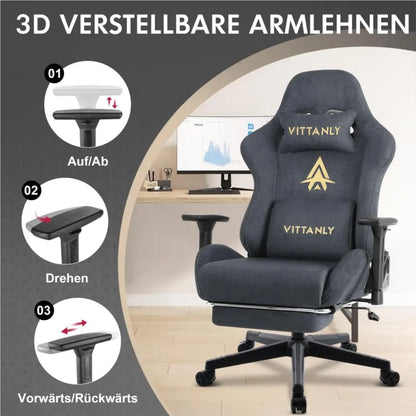 Vittanly Gaming Stuhl, Luxuriöser Wildlederimitat Gaming Chair Bürostuhl, Ergonomischer Schreibtischstuhl mit Fußstütze Kopfstütze und Lendenkissen, 3D Armlehnen, 90-155° Rückenlehne, Schwarz