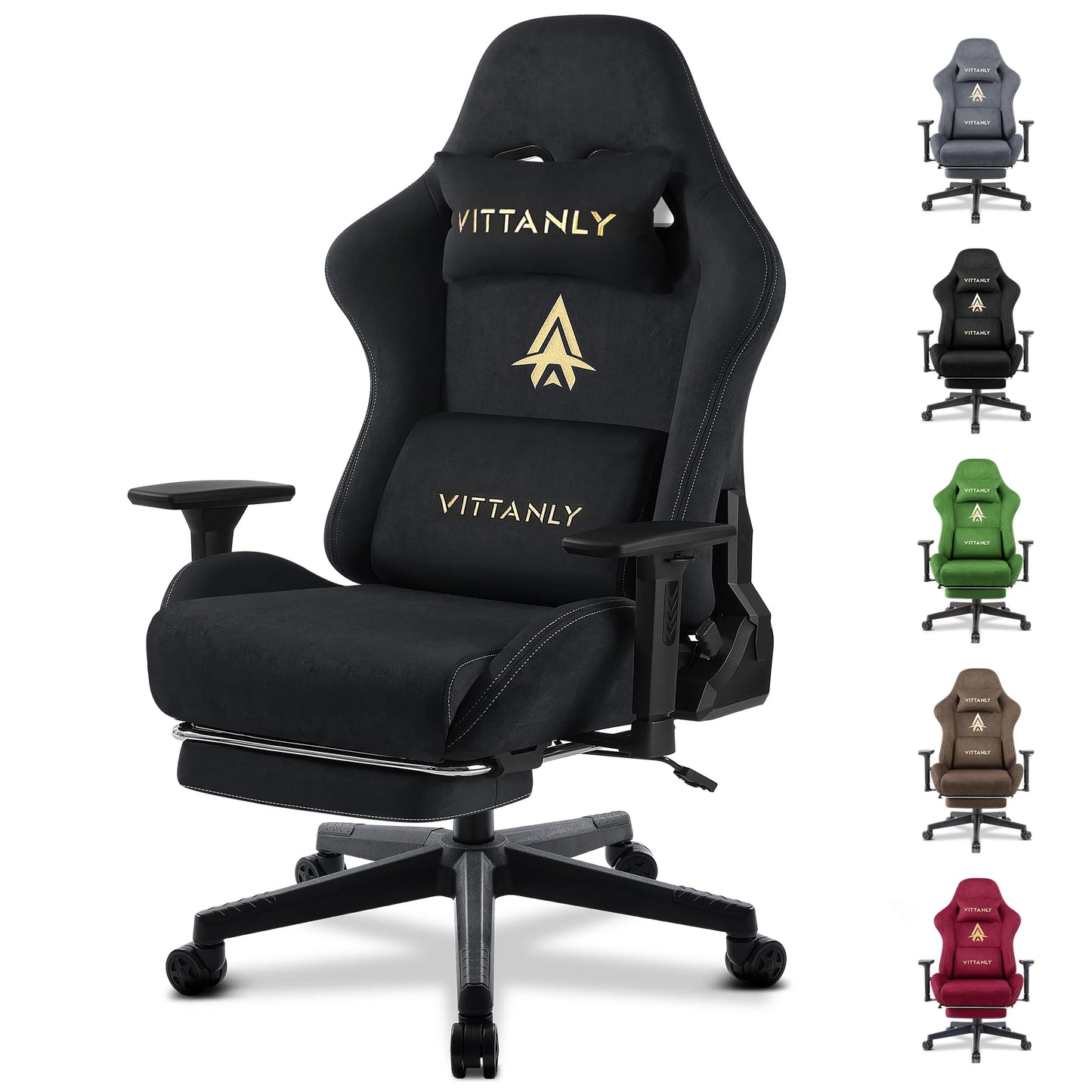 Vittanly Gaming Stuhl, Luxuriöser Wildlederimitat Gaming Chair Bürostuhl, Ergonomischer Schreibtischstuhl mit Fußstütze Kopfstütze und Lendenkissen, 3D Armlehnen, 90-155° Rückenlehne, Schwarz